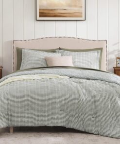 Queen Comforter Set - 7 Pieces Green Gauze Muslin Bedding Sets for All Seasons, Lightweight Breathable Bed in a Bag Queen with Revesible Farmhouse Comforter, Sheets, Pillowcases & Shams