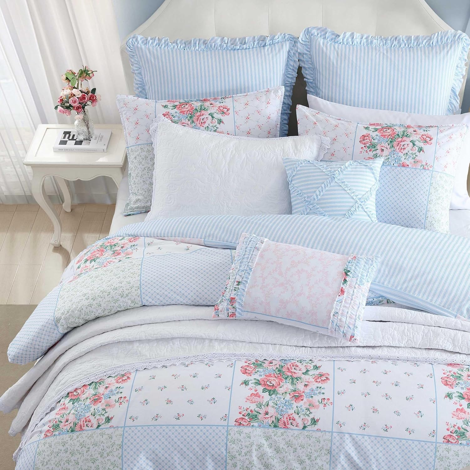 Laura Ashley - Queen Comforter Set, Soft Cotton Bedding with a Medium Weight for Year Round, 7 Piece Bed Set with Matching Pillowcases, Euro Shams & Bonus Throw Pillow Covers (Hope Patchwork Blue) - Image 4