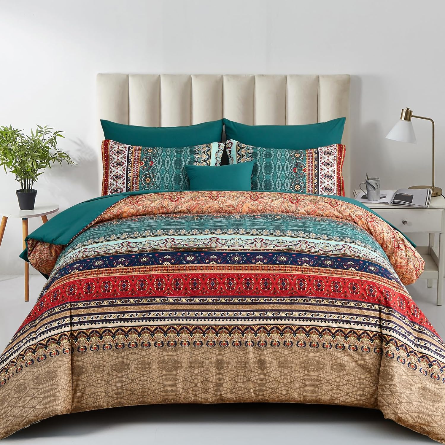 Cottolester Boho Comforter Set Full Size 8 Piece Bed in a Bag Bohemian Striped Bedding Quilt Set Aqua Paisley Floral Comforter and Sheet Set,Soft Microfiber Complete Bedding Sets for All Season - Image 28