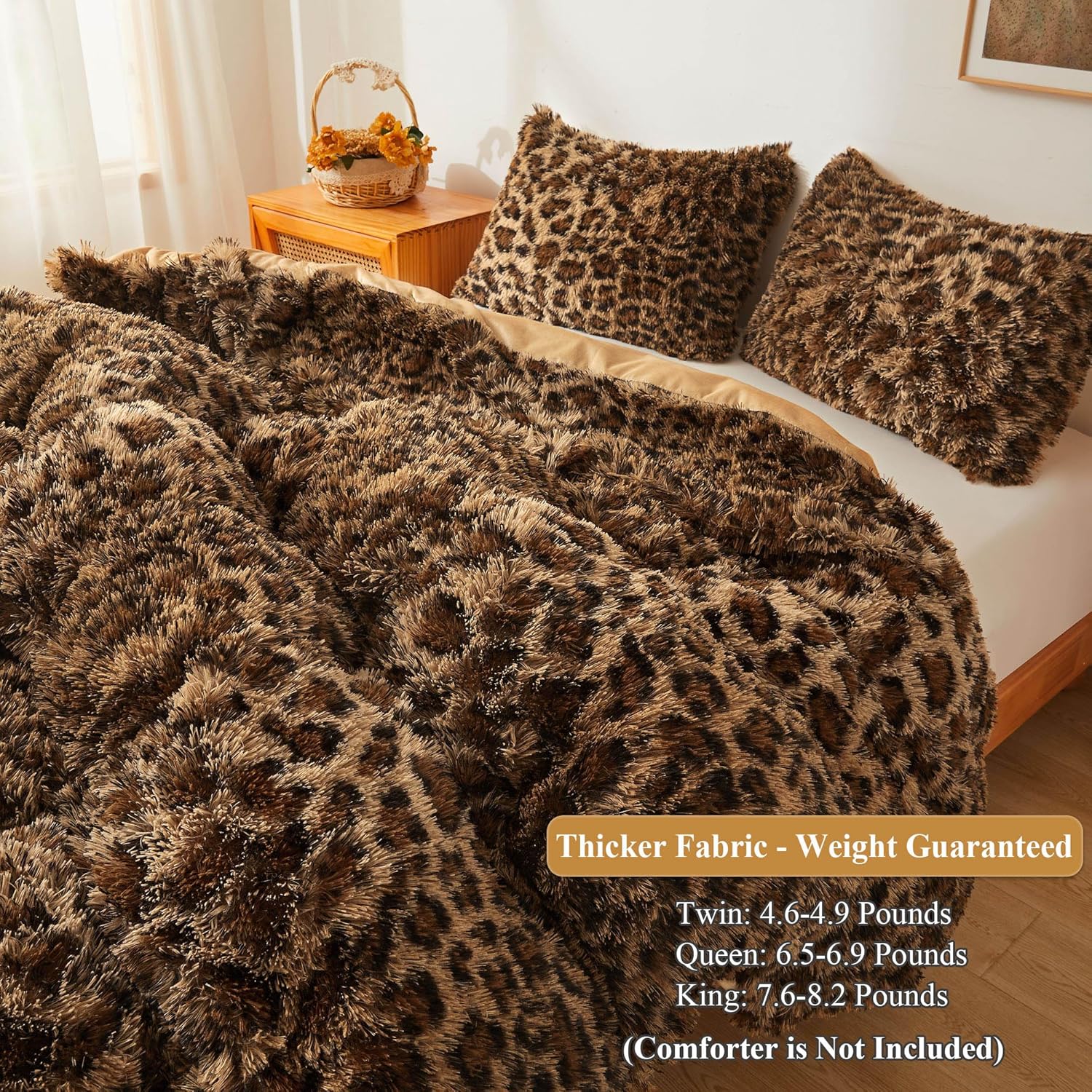 XeGe Cheetah Print Fluffy Faux Fur Duvet Cover Set, 3 Pieces Soft Plush Shaggy Fuzzy Bedding Set(1 Faux Fur Leopard Print Comforter Cover + 2 Furry Pillowcases), Zipper Closure(Queen, Brown) - Image 3