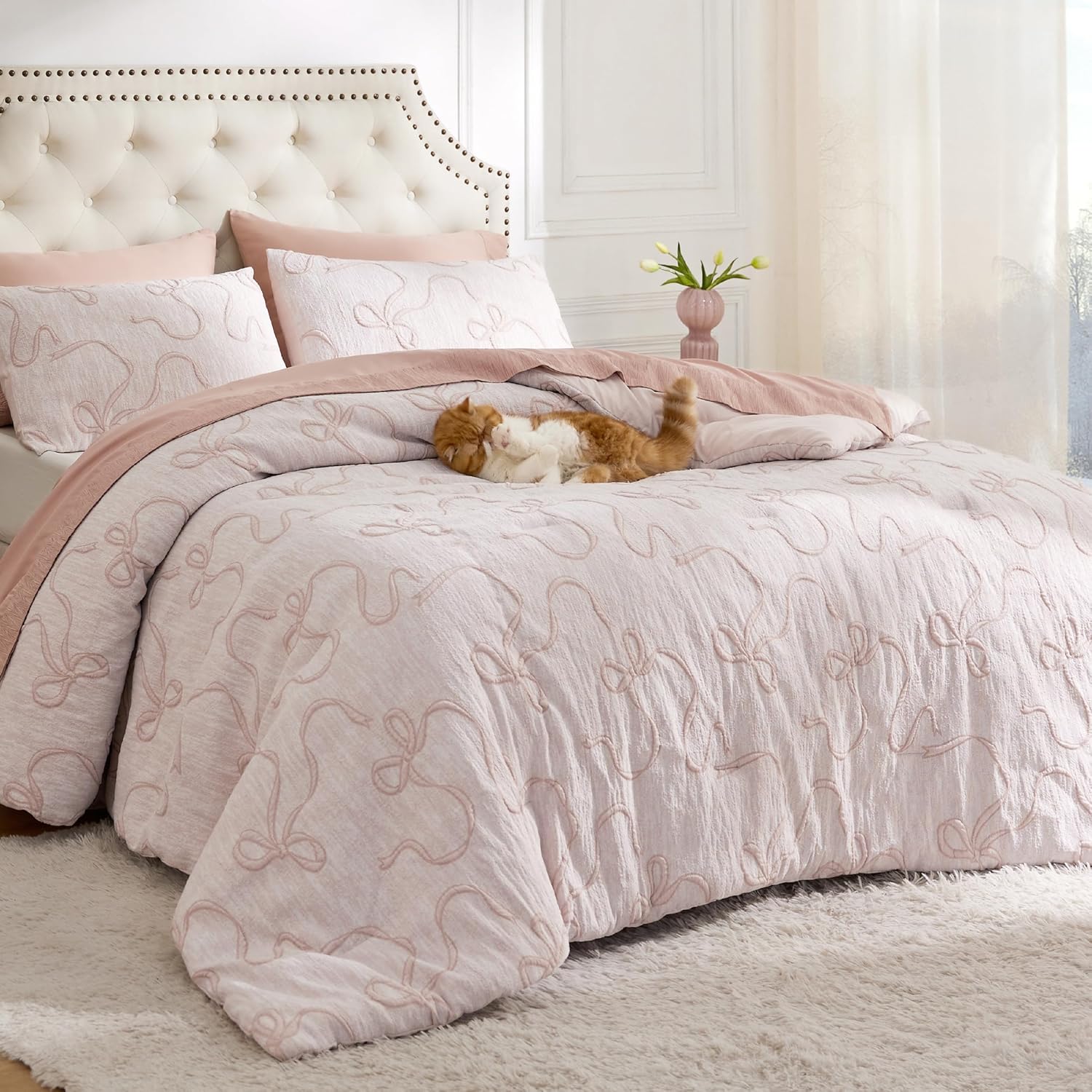 Bedsure Queen Comforter Set, Pink Boho Tufted Bed Set, 3D Puffy Jacquard Bedding Queen Size, 3 Pieces, 1 Farmhouse Shabby Chic Embroidery Comforter with Bow Pattern & 2 Pillow Cases - Image 6