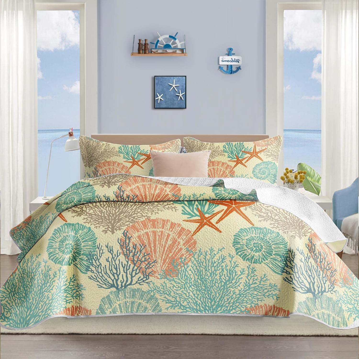 Tritard 3 Piece Coastal Quilt Sets Full/Queen Size - Reversible Microfiber Quilts with 2 Shams Soft Lightweight Beach Bedding Nautical Bedspread Coverlet Summer Comforter for All Season, 90''x96'', C1 - Image 11