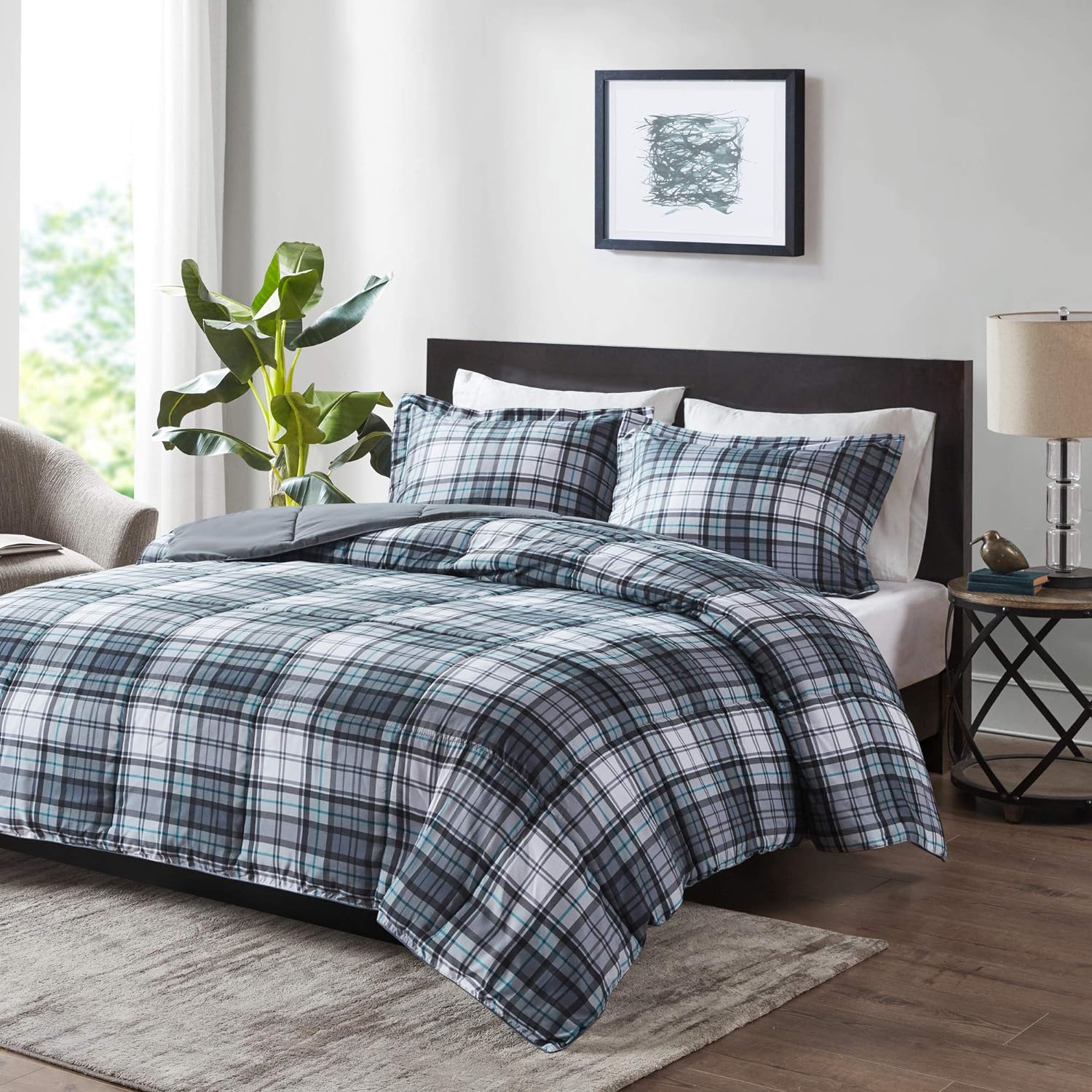 Madison Park Essentials Parkston Plaid Comforter, Matching Sham, 3M Scotchguard Stain Release Cover, Hypoallergenic All Season Bedding-Set, Full/Queen, Black, 3 Piece - Image 12