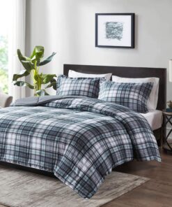 Madison Park Essentials Parkston Plaid Comforter, Matching Sham, 3M Scotchguard Stain Release Cover, Hypoallergenic All Season Bedding-Set, Full/Queen, Grey, 3 Piece