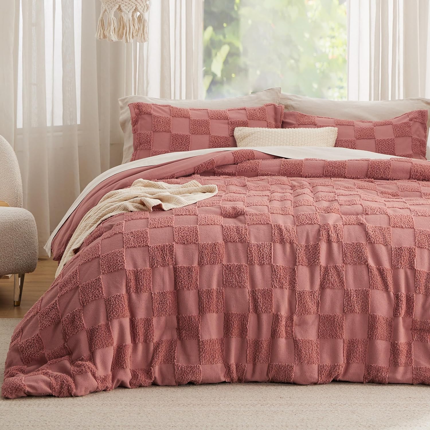 Bedsure Queen Size Comforter Set Beige, Boho Tufted Bed Set, Checkered Farmhouse Shabby Chic Bedding, 3 Pieces, 1 Plaid Geometric Comforter and 2 Pillow Shams - Image 13