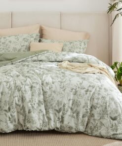 Bedsure Floral Comforter Set Queen Size - 100% Cotton Fabric with Microfiber Inner Fill, Sage Green Bedding Comforter Set, 3 Pieces, 1 Soft Reversible Botanical Flower Comforter and 2 Pillow Shams