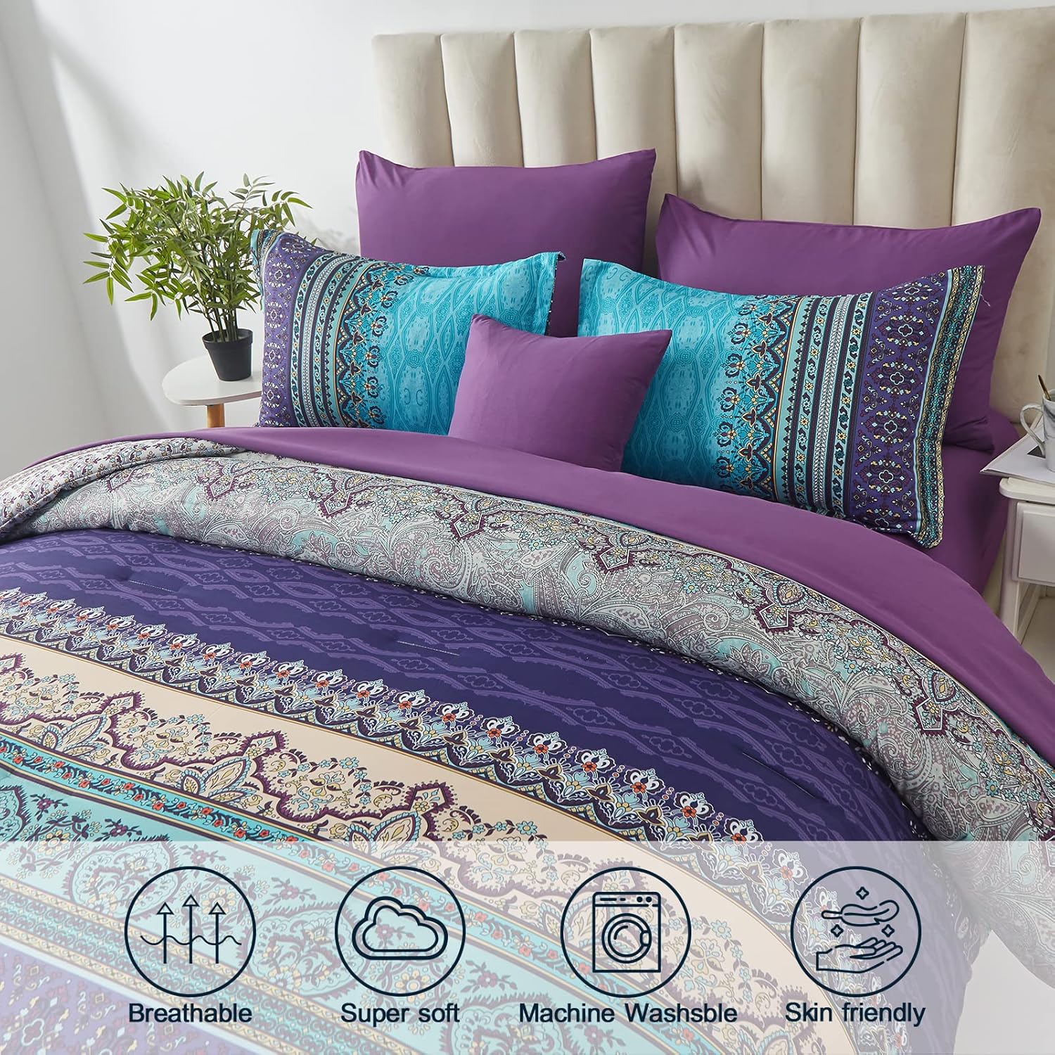 Cottolester Boho Comforter Set Full Size 8 Piece Bed in a Bag Bohemian Striped Bedding Quilt Set Aqua Paisley Floral Comforter and Sheet Set,Soft Microfiber Complete Bedding Sets for All Season - Image 4