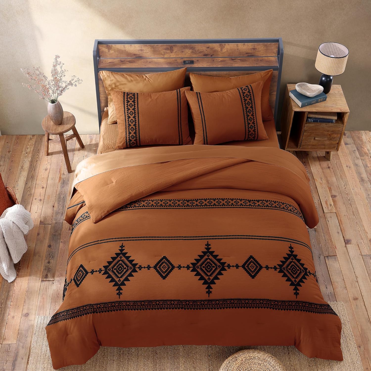 MaiRêve Burnt Orange Embroidery Comforters Set Queen Size - 7 Pieces, Farmhouse Western Bedding All Season, Bed in A Bag Queen Boho Comforter Set with Sheets, Pillowcases & Shams - Image 5