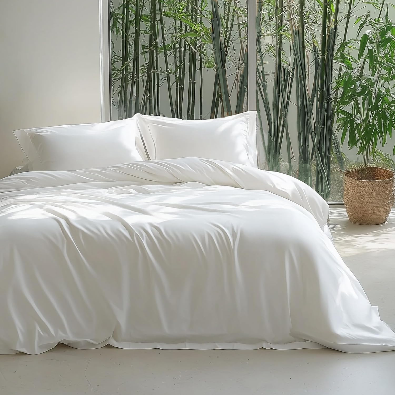 Bedsure Silky Cooling Duvet Cover Queen Size - 100% Rayon Derived from Bamboo Comforter Cover Set for Hot Sleepers, Breathable & Moisture-Wicking Bedding Set, White - Image 7