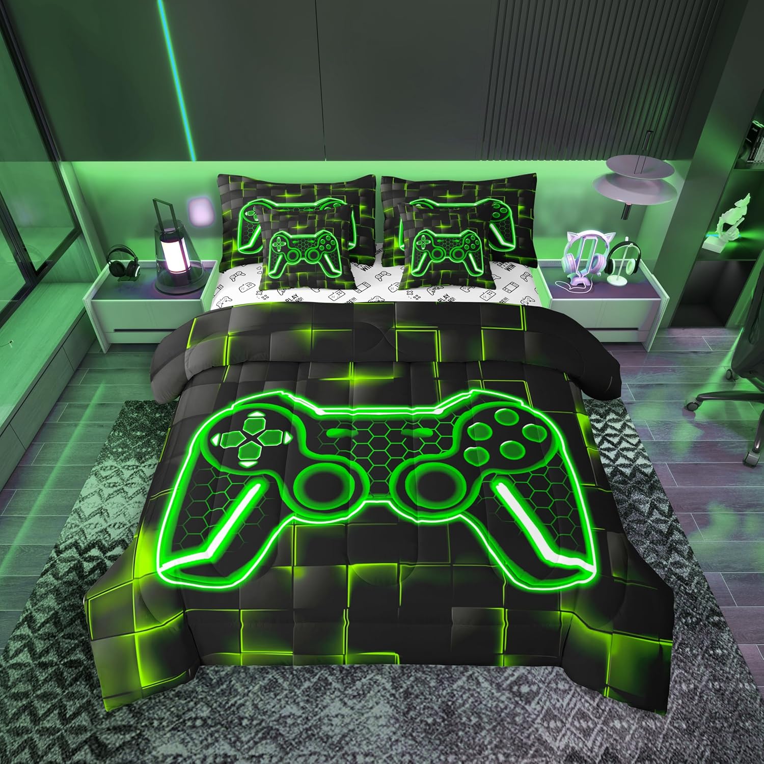 Feelyou Gamer Bedding Set Gamepad Comforter Set with Sheets 7 Piece for Boys Gaming Gifts Bed in a Bag Full Game Controller Red Bed Set with Comforter,Sheets,Cushion Covers - Image 17