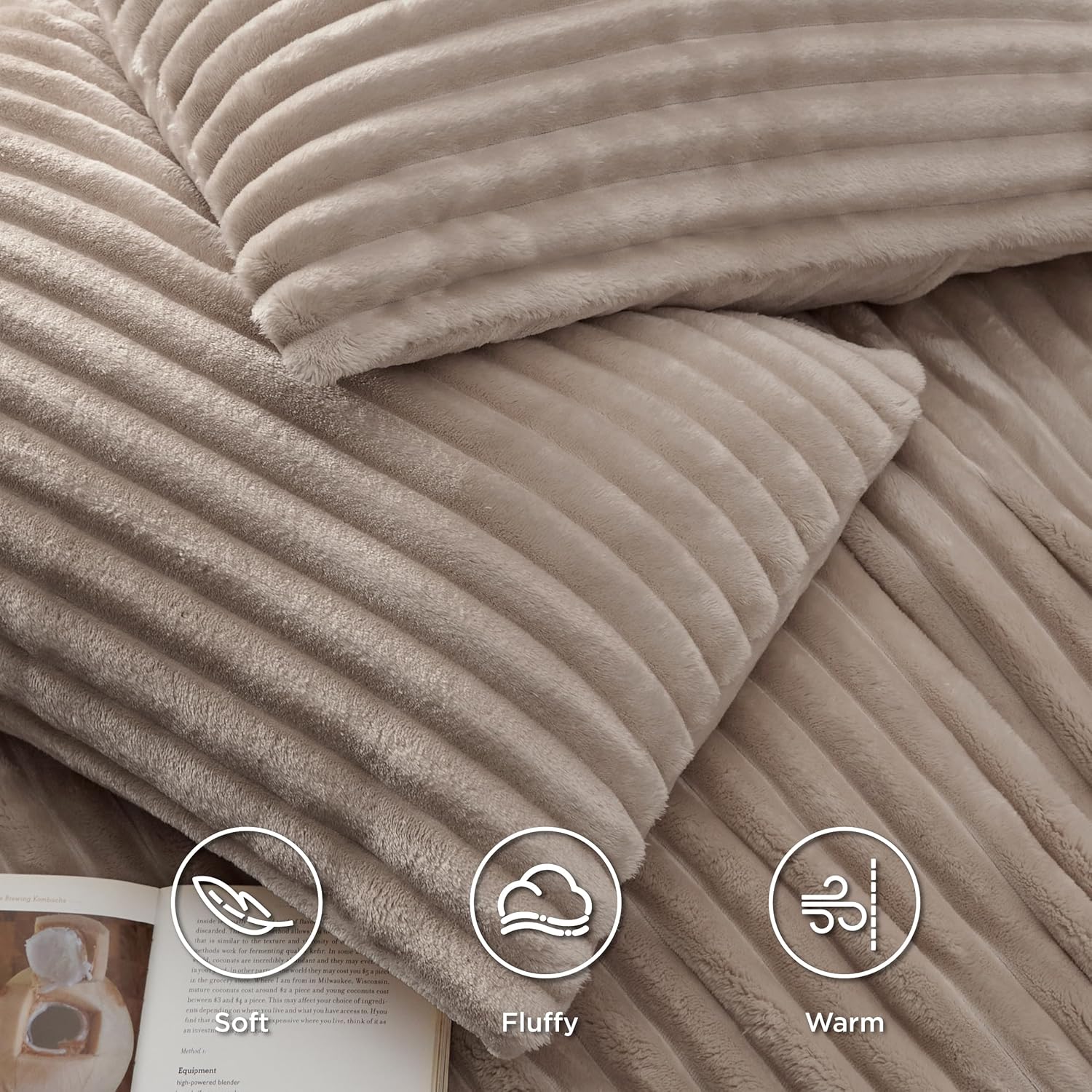 Bedsure Fluffy Duvet Cover Set - Ultra Soft Plush Shaggy Comforter Cover King Size, Warm Flannel Fleece Bed Sets for Winter, 3 Pieces (Striped Pattern, Khaki) - Image 3
