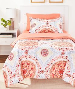 Amazon Basics Twin/Twin XL Comforter Set with Printed Sheets, 5-Piece Coral Medallion Bedding, Lightweight Microfiber Bed-in-a-Bag