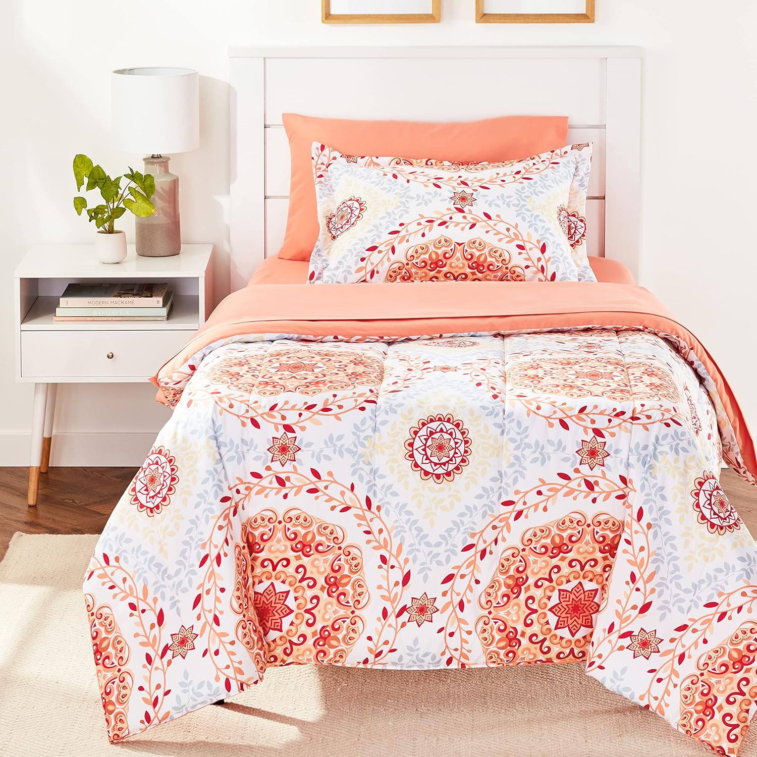 Amazon Basics Twin/Twin XL Comforter Set with Printed Sheets, 5-Piece Coral Medallion Bedding, Lightweight Microfiber Bed-in-a-Bag