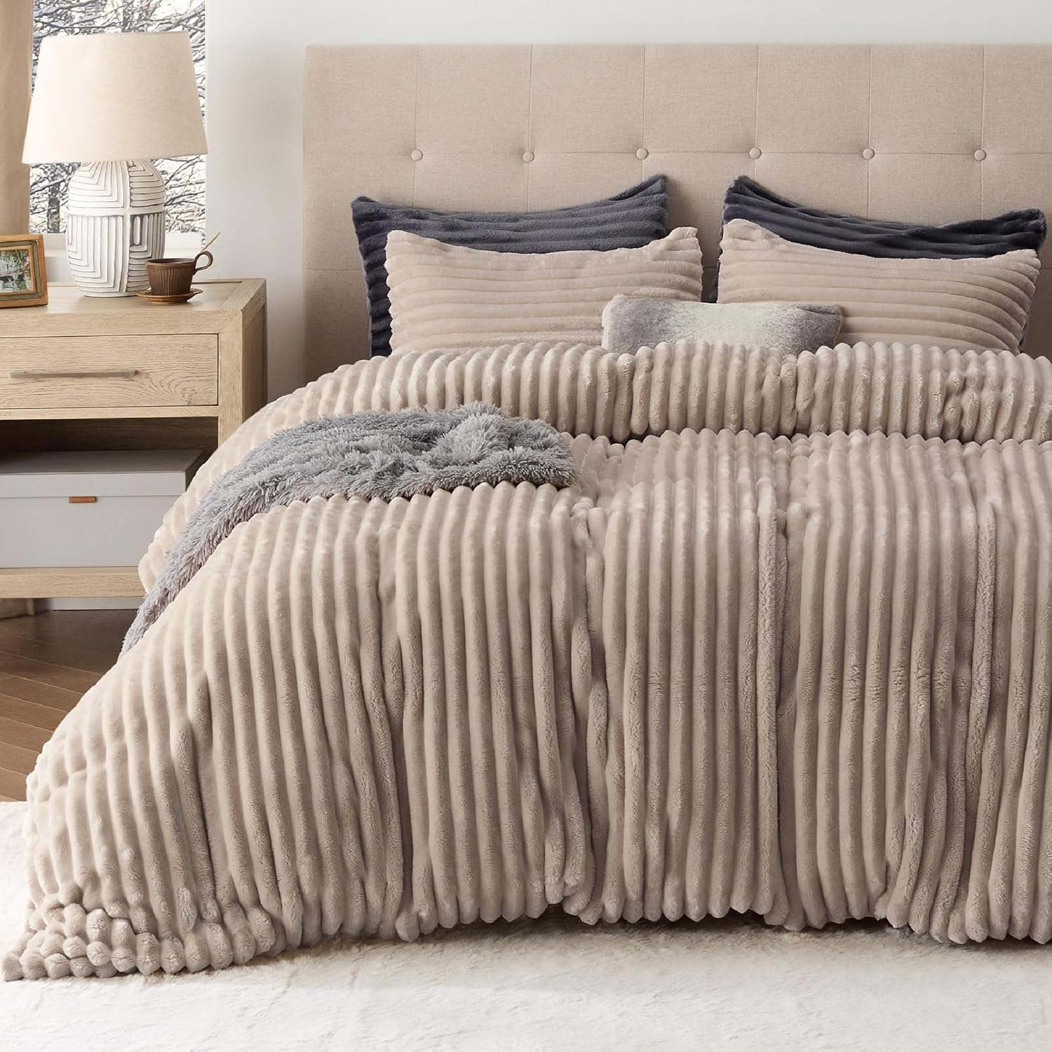 Bedsure Fluffy Duvet Cover Set - Ultra Soft Plush Shaggy Comforter Cover King Size, Warm Flannel Fleece Bed Sets for Winter, 3 Pieces (Striped Pattern, Khaki) - Image 2