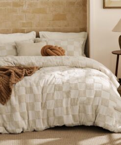 Bedsure Full Size Comforter Set Beige, Boho Tufted Bed Set, Checkered Farmhouse Shabby Chic Bedding, 3 Pieces, 1 Plaid Geometric Comforter and 2 Pillow Shams