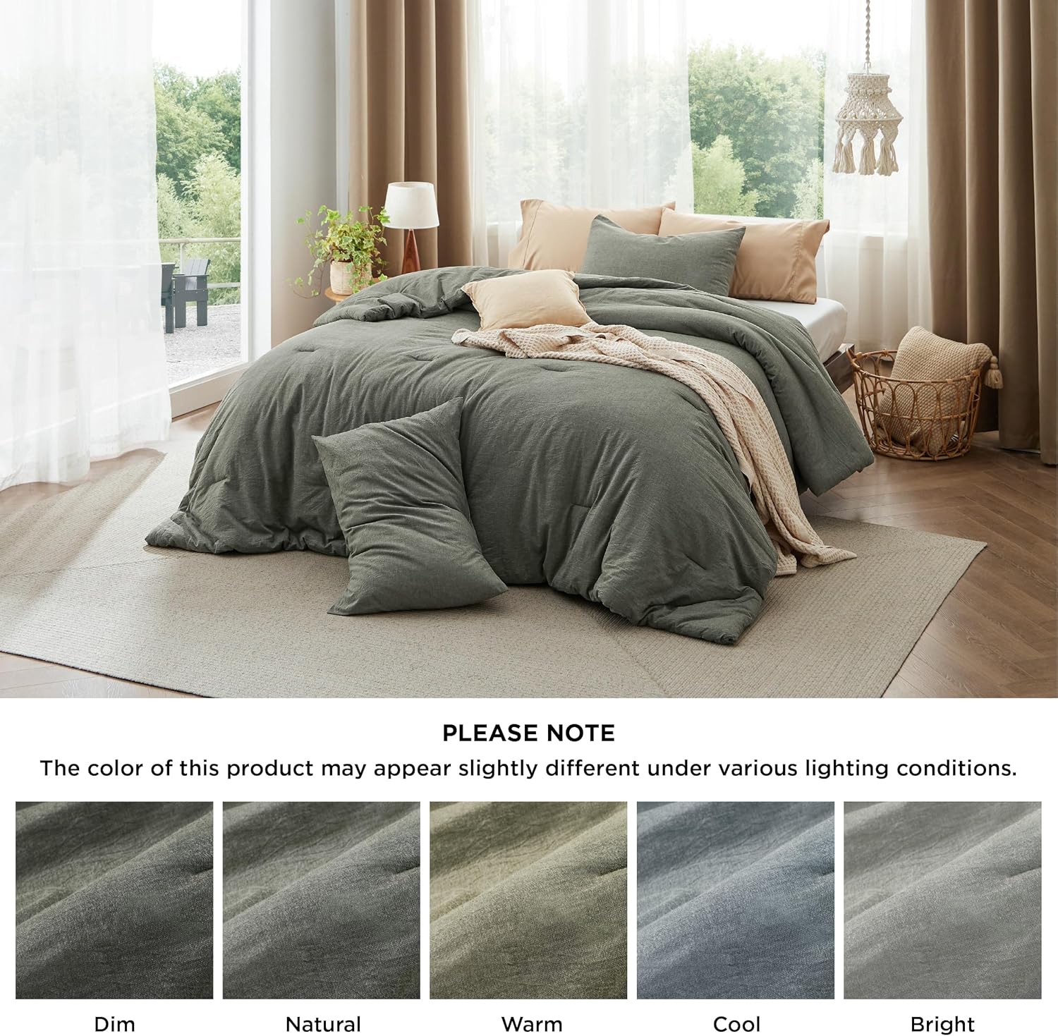 Bedsure Comforter Set King Size - Cotton Fabric with Microfiber Inner Fill, Grayish Olive Green Soft Bed Set for All Seasons, 3 Pieces, 1 Comforter (104" x 90") and 2 Pillow Cases (20" x 36") - Image 5
