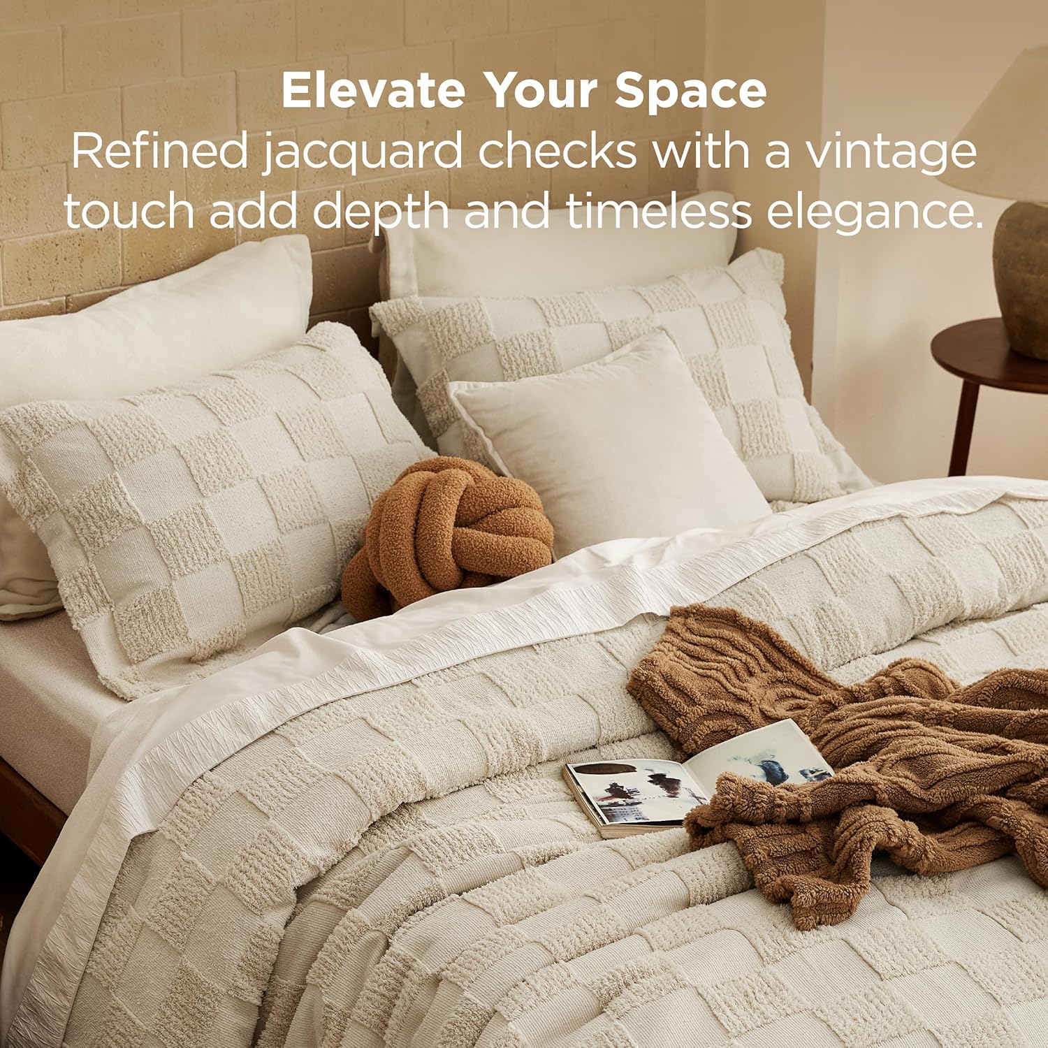 Bedsure Queen Size Comforter Set Beige, Boho Tufted Bed Set, Checkered Farmhouse Shabby Chic Bedding, 3 Pieces, 1 Plaid Geometric Comforter and 2 Pillow Shams - Image 3