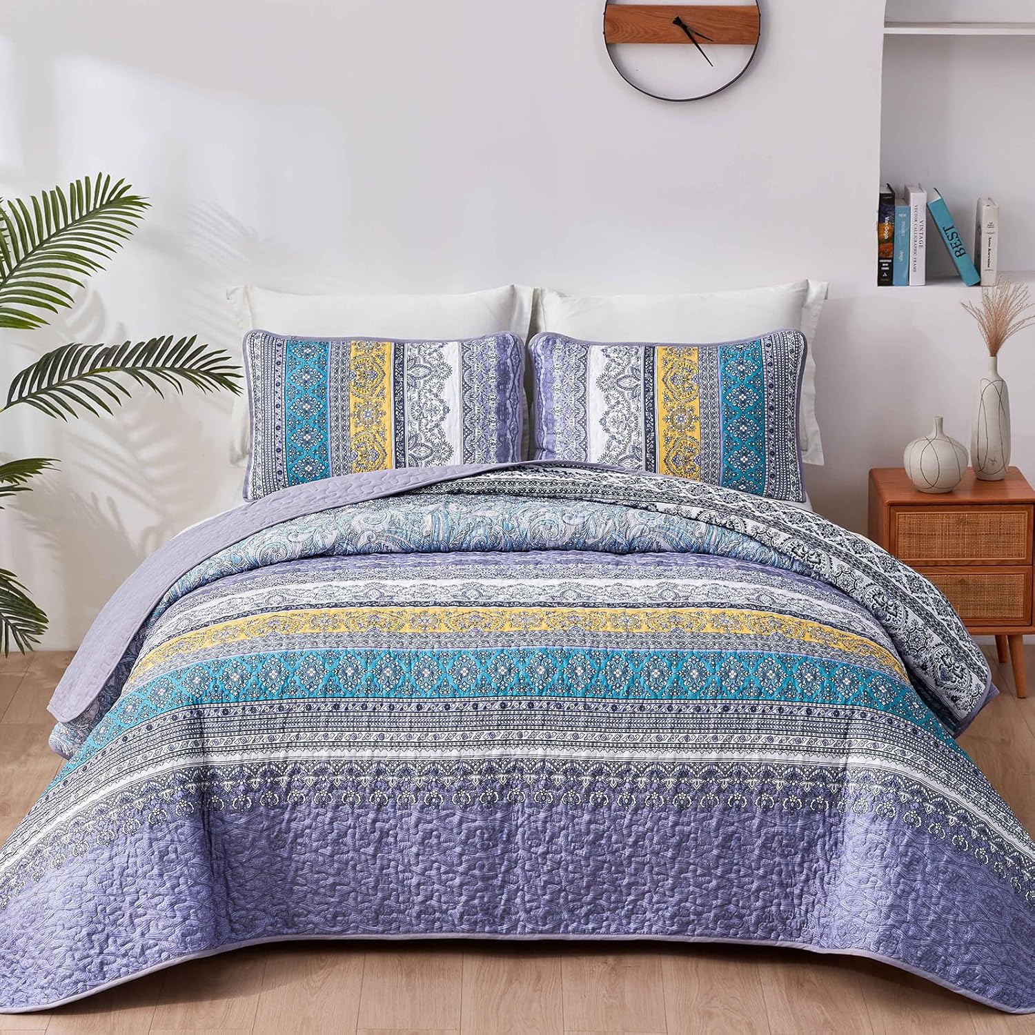 WONGS BEDDING Bohemian Quilt Set King Size, Boho Striped Printed Bedding Bedspread Coverlet Set for All Season, Lightweight Microfiber Quilts with 2 Pillowcases 104"x90" (3 Pieces, Colorful) - Image 22