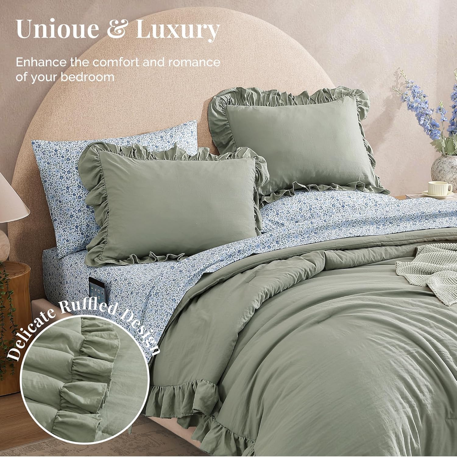 King Comforter Set - 7 Pieces Ruffle Sage Green Bedding Sets, Shabby Chic Farmhouse Bed in a Bag King with Ruffle Comforter, Floral Sheets, Pillowcases & Shams - Image 2