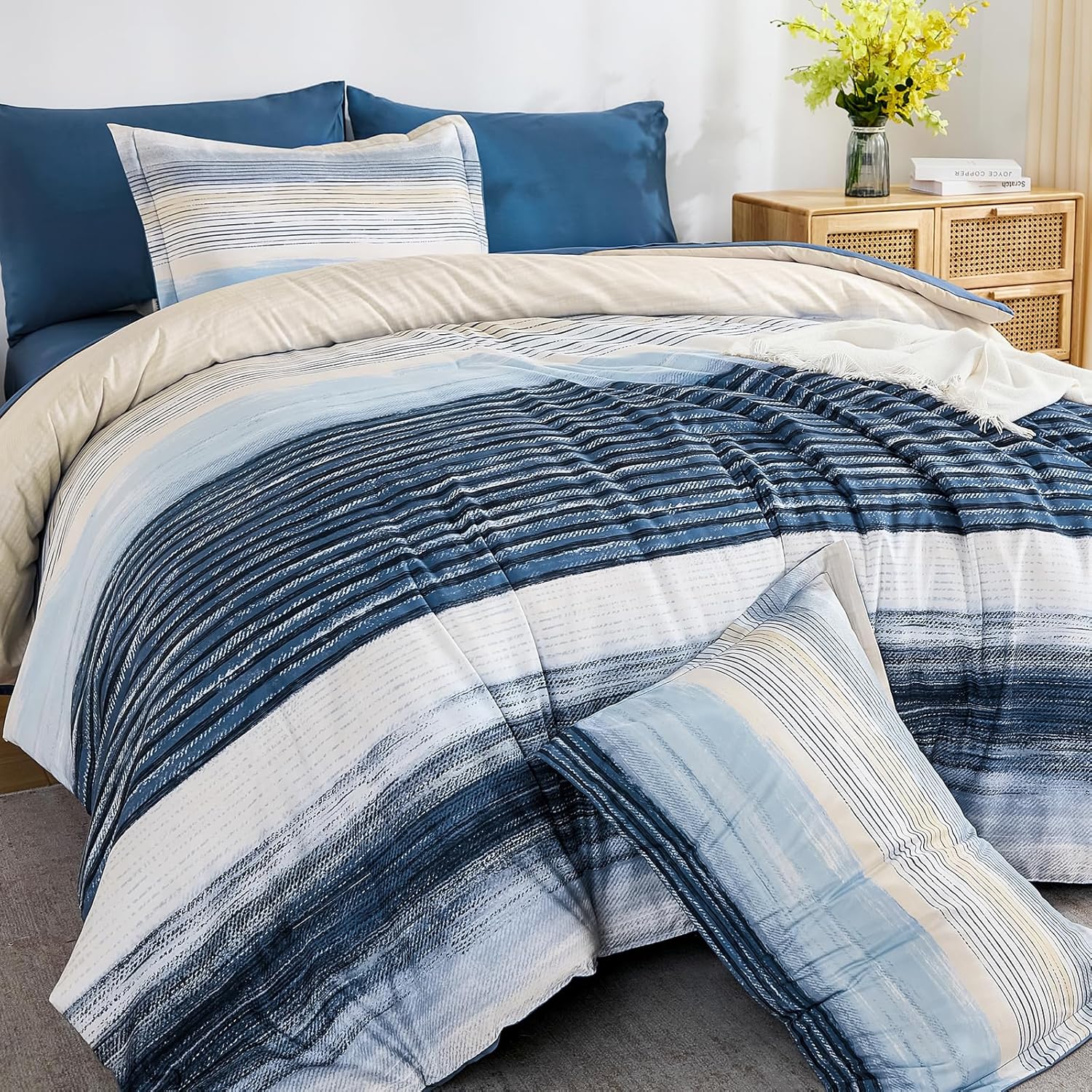 WONGS BEDDING Blue Comforter Set King Size, 7 Pieces King Bed in a Bag for All Season, Soft and Breathable Striped Bedding Set with Boho Comforter, Flat Sheet, Fitted Sheet, Pillowcases & Shams - Image 2