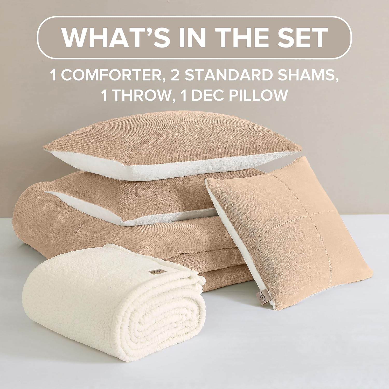 UGG Full/Queen Comforter Set 5 Piece Bed in a Bag with Throw Blanket, Decorative Pillow, Shams, Reversible Hypoallergenic Washable Luxury Warm Fluffy Bedding Set, Brown Birch (Remina) - Image 2