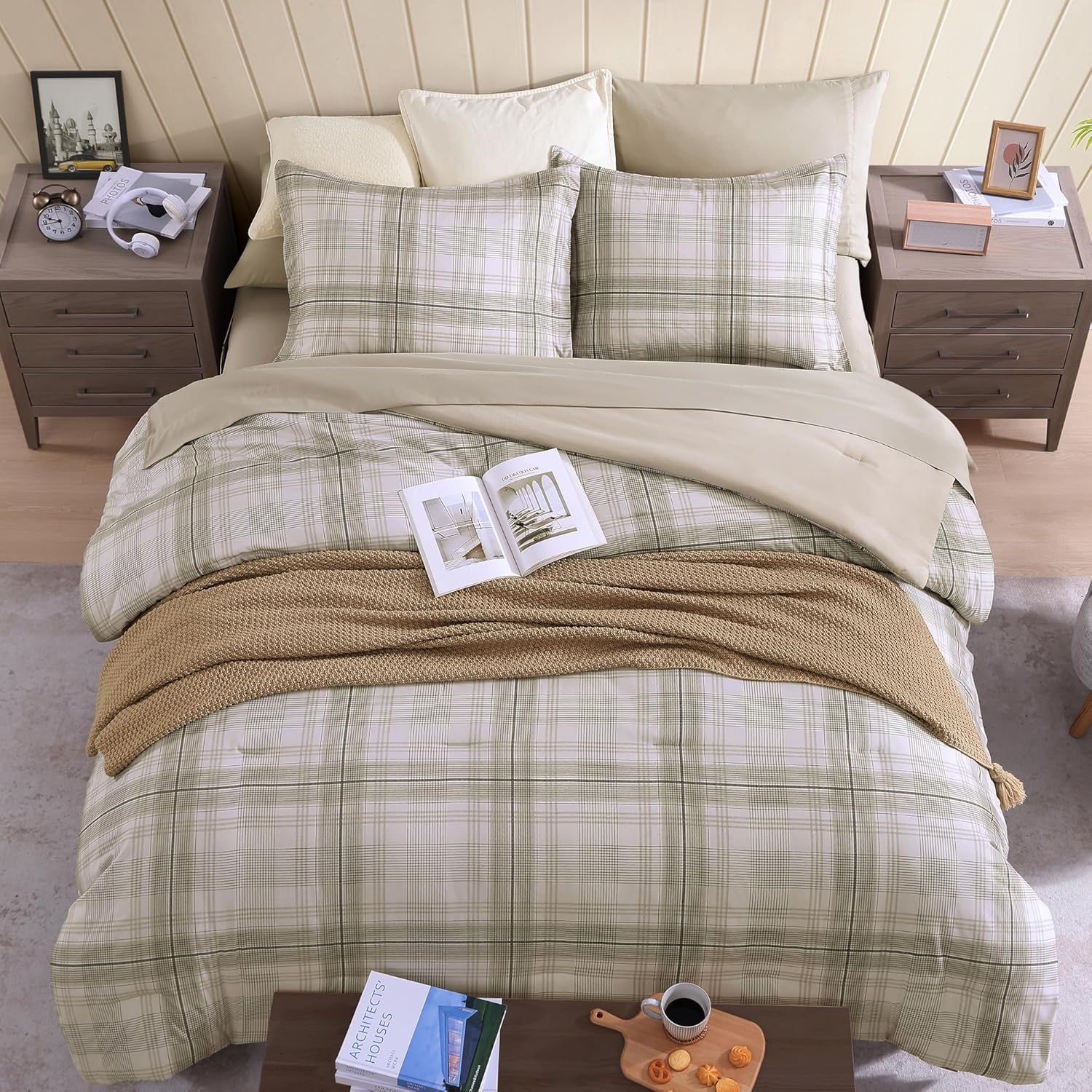 Full Size Comforter Sets, Khaki Green Plaid Bedding Set 7 Piece for Boys Girls Teen, Classic Homestead-Style Kids Comforter Set Bed in A Bag with Sheets, Pillowcases & Shams - Image 3
