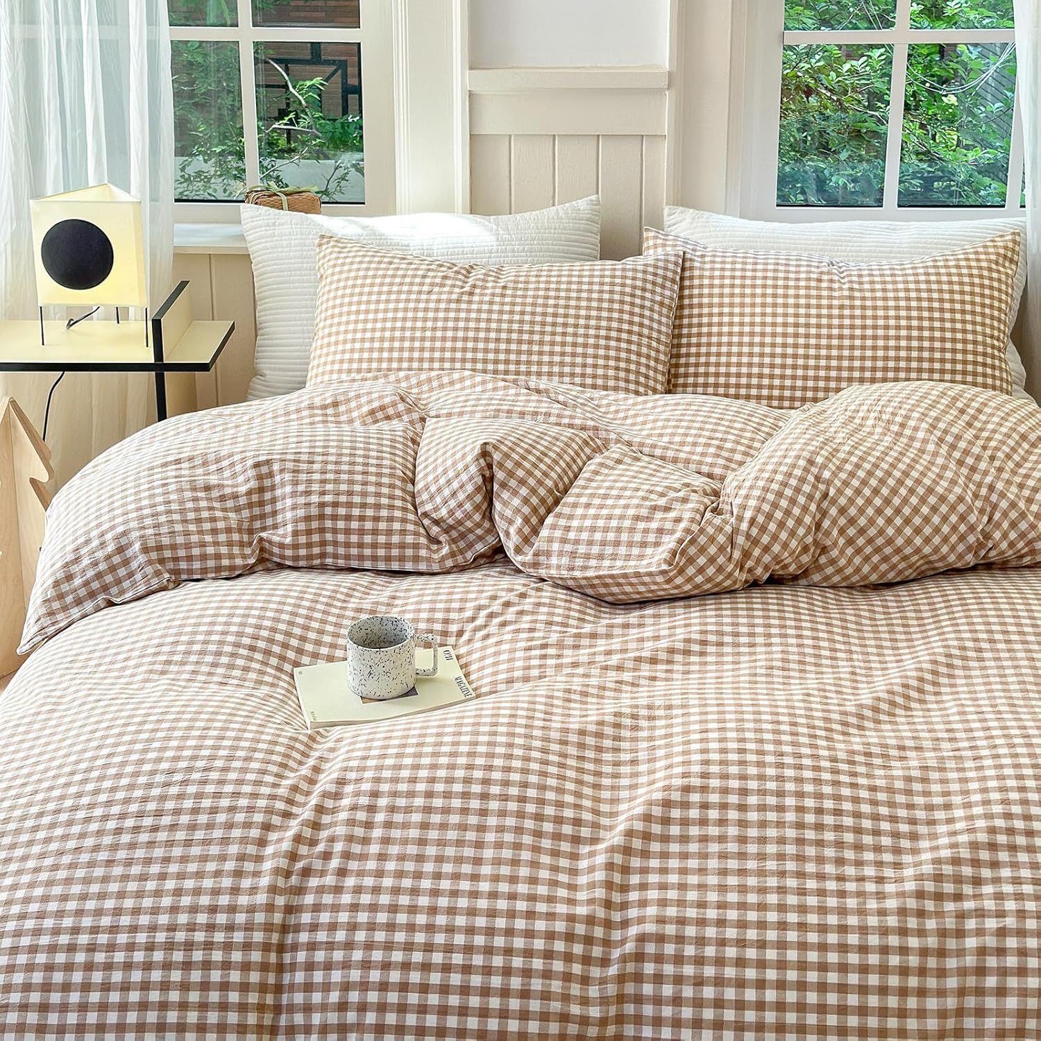 LifeTB Queen Comforter Set Tan Gingham Comforter Modern Style Beige Plaid Comforter Set 3 Pieces Fluffy Grid Checkered Comforter with 2 Pillowcases Boho Gingham Bedding Set Queen Size - Image 5