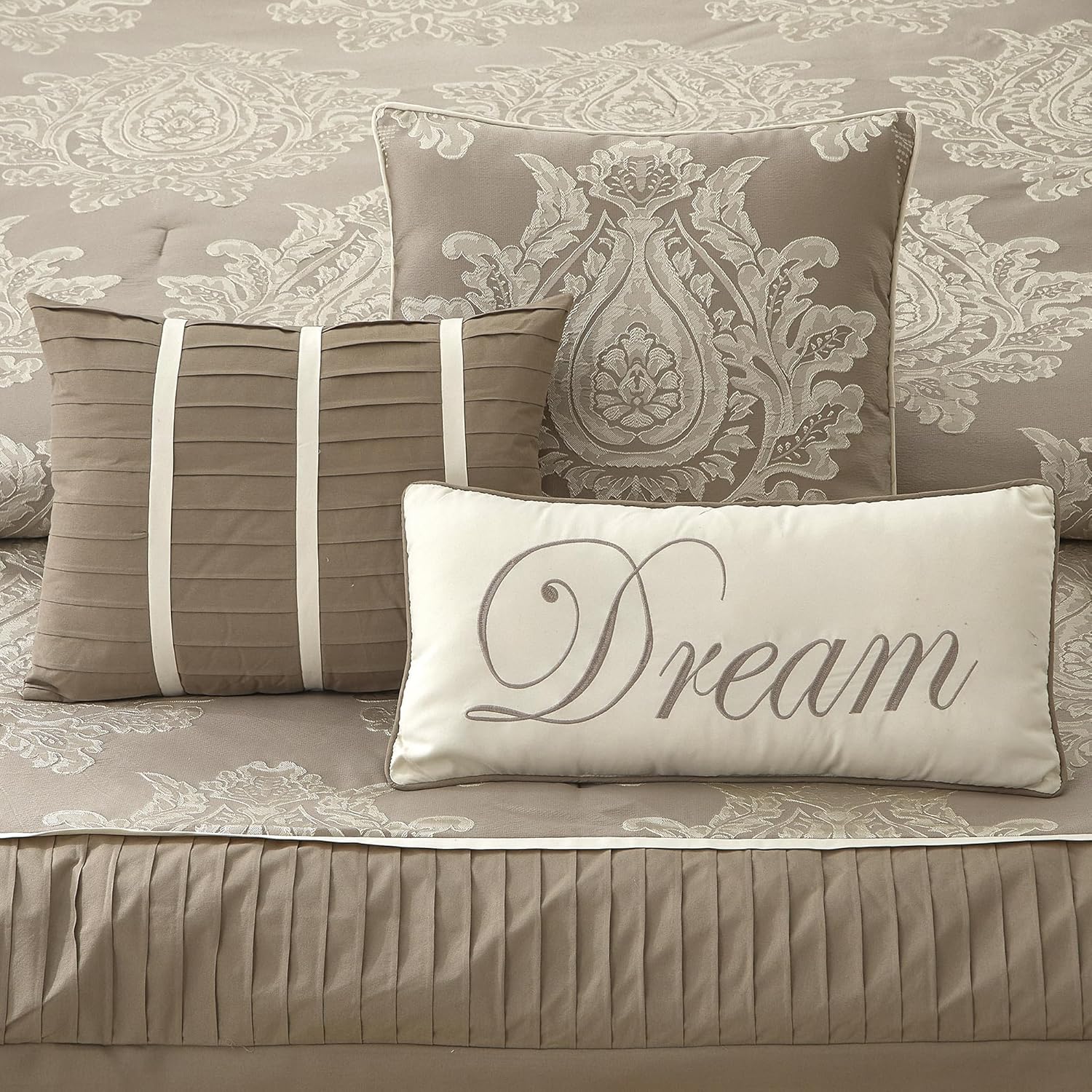 Beige California King Comforter Set 7 Pieces, Jacquard Woven with Damask, Bedding Set in a Bag Includes Comforter, Bed Skirt, Pillow Shams, and Decorative Pillows - Image 4