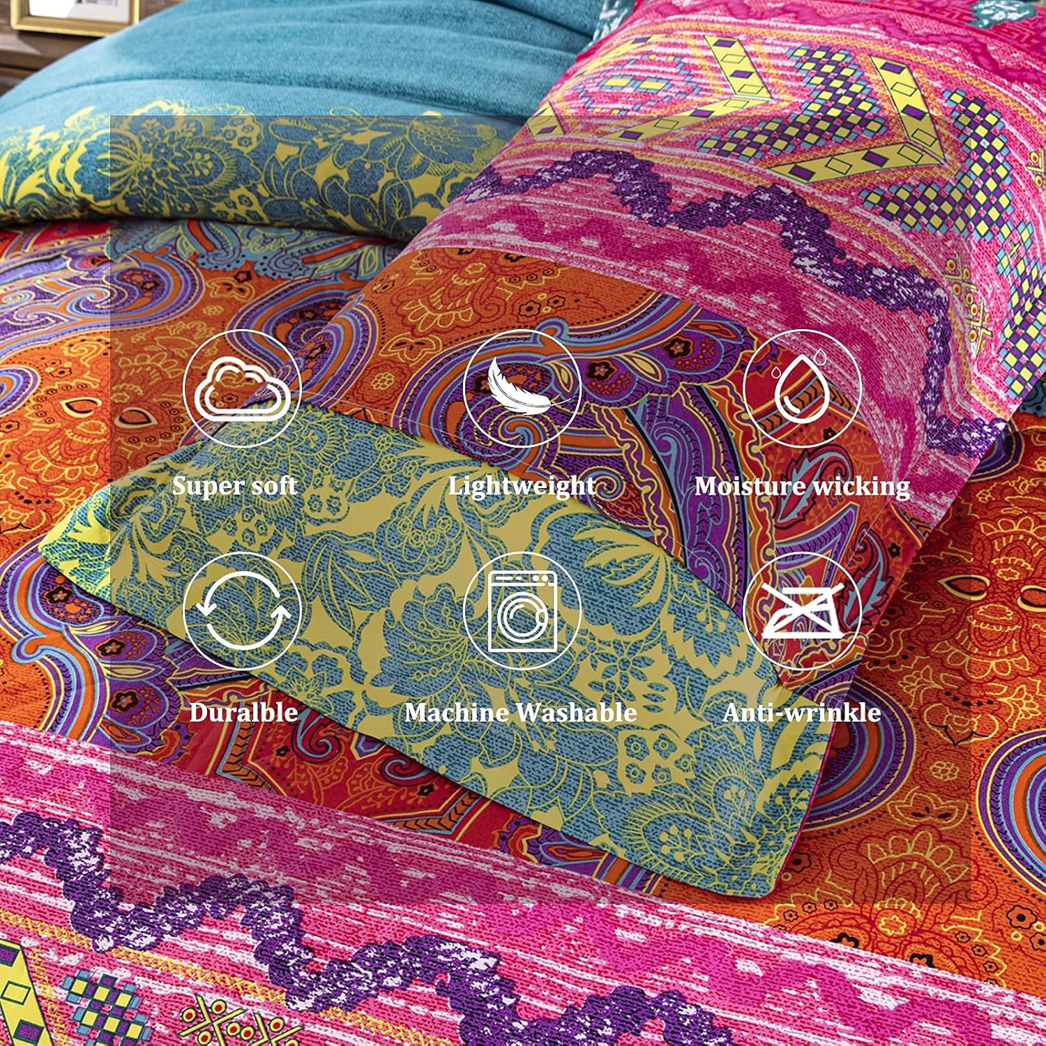 WONGS BEDDING Bohemian Comforter Set Queen, Ultra Soft Microfiber Reversible Boho Alternative Comforter Set - 3 Pieces (1 Solid Comforter + 2 Pillowcases), Bedding Duvet Set for Queen Bed - Image 6