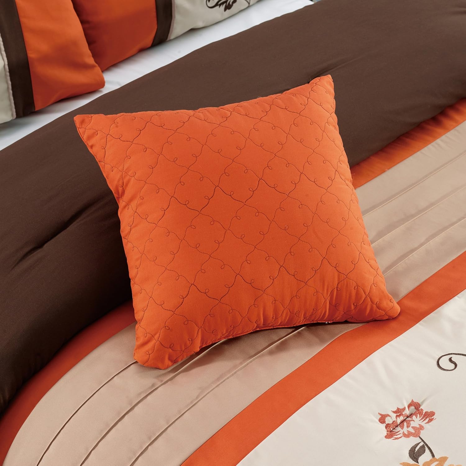 Chezmoi Collection Serene 7-Piece Luxury Autumn Floral Embroidery Comforter Set, Queen, Orange/Brown/Taupe - Image 5