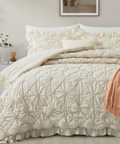 BEDAZZLED Queen Size Comforter Sets, Beige Bedding Comforter Set, 3 Pieces Pinch Pleat Bedding Sets with Comforter and Pillowcases Soft Farmhouse Shabby Chic Comforter for All Season