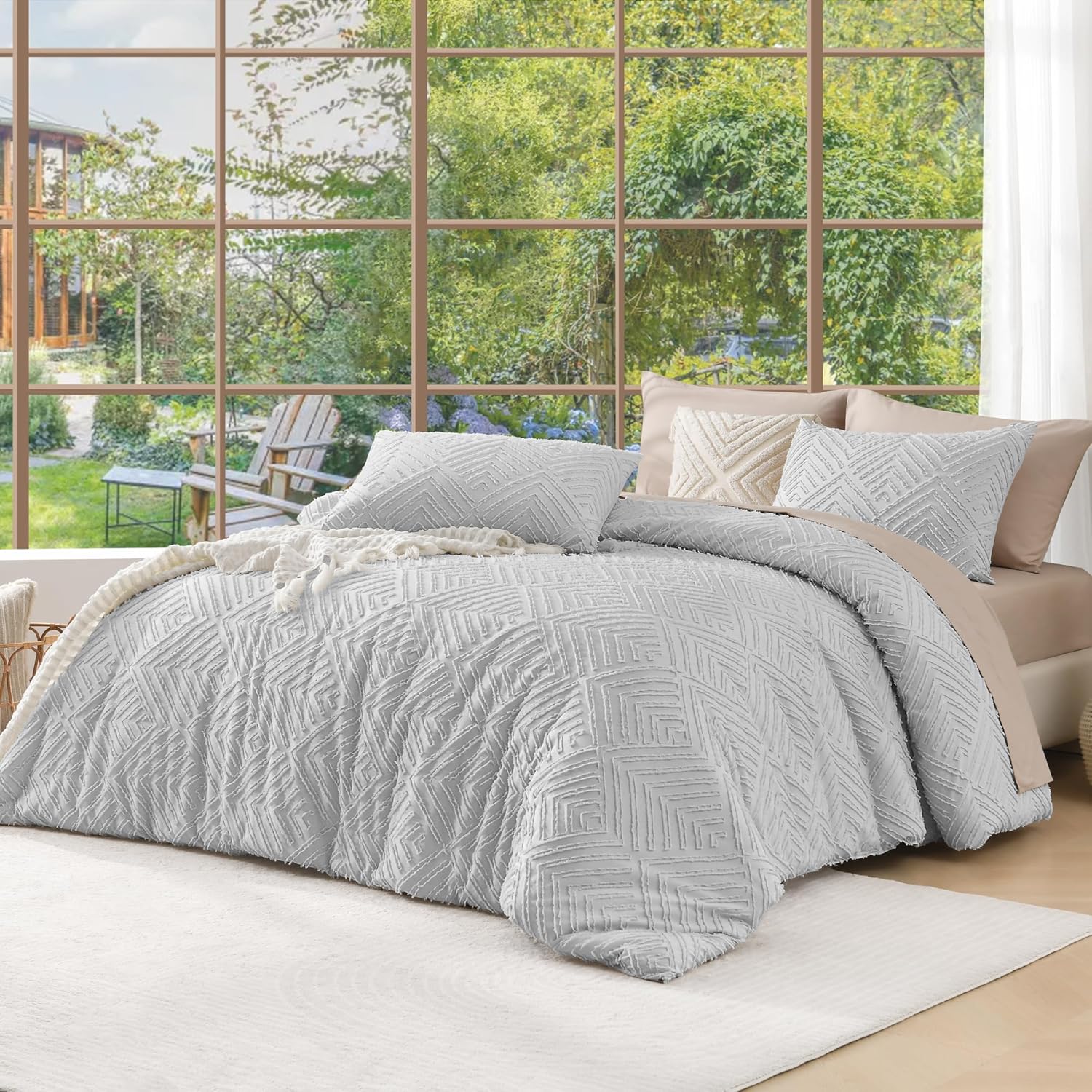 Andency King Size Comforter Set Beige, 3 Pieces Boho King Bedding Comforter Set Cream, All Season Soft Lightweight Tufted Textured Down Alternative Comforter Fluffy Bed Set - Image 8