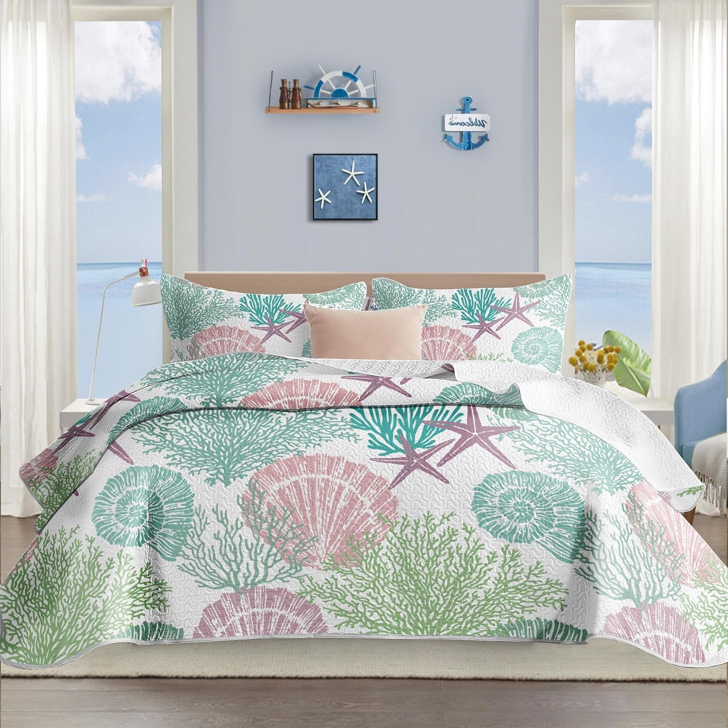 Tritard 3 Piece Coastal Quilt Sets Full/Queen Size - Reversible Microfiber Quilts with 2 Shams Soft Lightweight Beach Bedding Nautical Bedspread Coverlet Summer Comforter for All Season, 90''x96'', C1 - Image 12