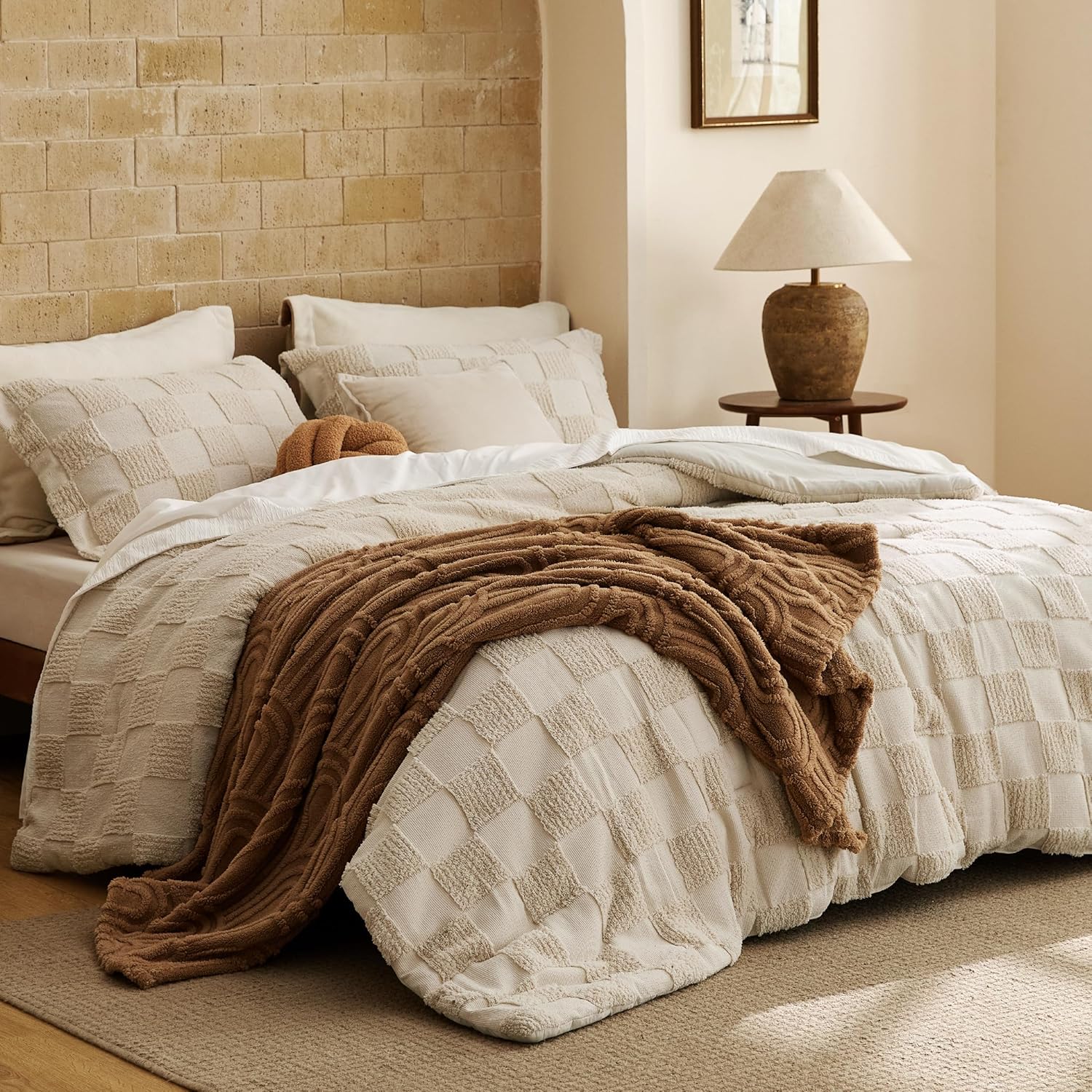 Bedsure King Size Comforter Set Beige, Boho Tufted Bed Set, Checkered Farmhouse Shabby Chic Bedding, 3 Pieces, 1 Plaid Geometric Comforter and 2 Pillow Shams - Image 2