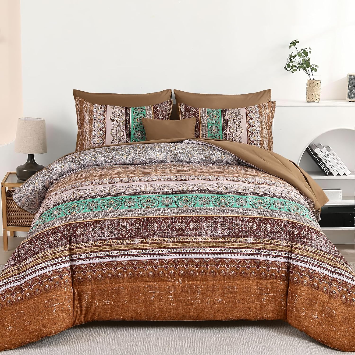 Cottolester Boho Comforter Set Full Size 8 Piece Bed in a Bag Bohemian Striped Bedding Quilt Set Aqua Paisley Floral Comforter and Sheet Set,Soft Microfiber Complete Bedding Sets for All Season - Image 22