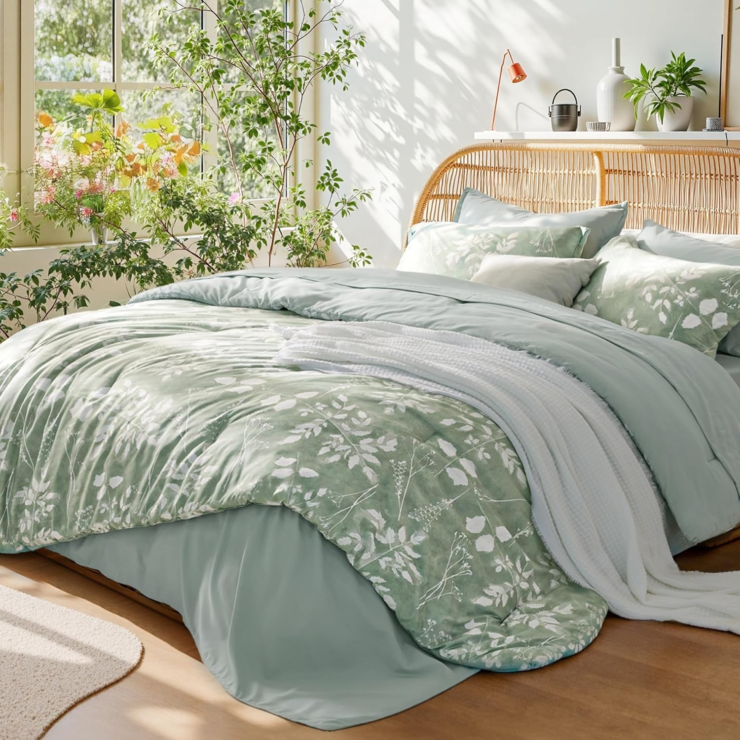 Bedsure Queen Comforter Set - 7 Pieces Floral Sage Green Soft Bedding Sets, Queen Bed in a Bag with Botanical Flowers Comforter, Sheets, Pillowcases & Shams - Image 2