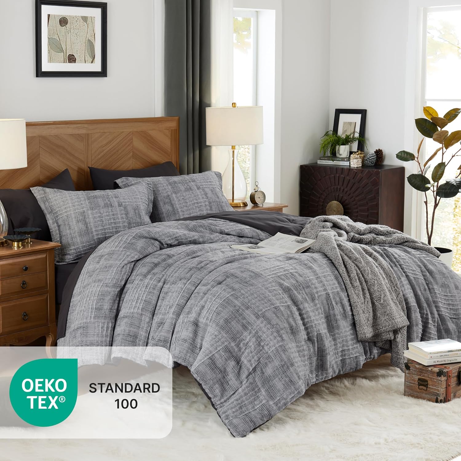 MaiRêve Charcoal Grey Queen Comforter Set, Textured Design Grey Crinkle Bed in A Bag Queen Size, Queen Comforter Set with 7 Pieces with Comforter, Sheets, Pillowcases & Shams 90"x 90" - Image 2