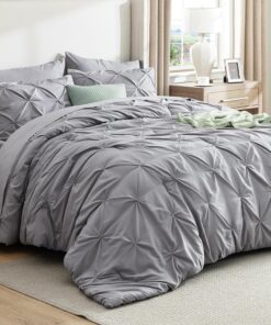 Bedsure Queen Comforter Set Grey - Bed in a Bag Queen Size Bedding 7 Pieces, GentleSoft™ Pintuck Bed Set Gift for Family, Pinch Pleat All Season Comforter with Sheets, Pillowcases & Shams