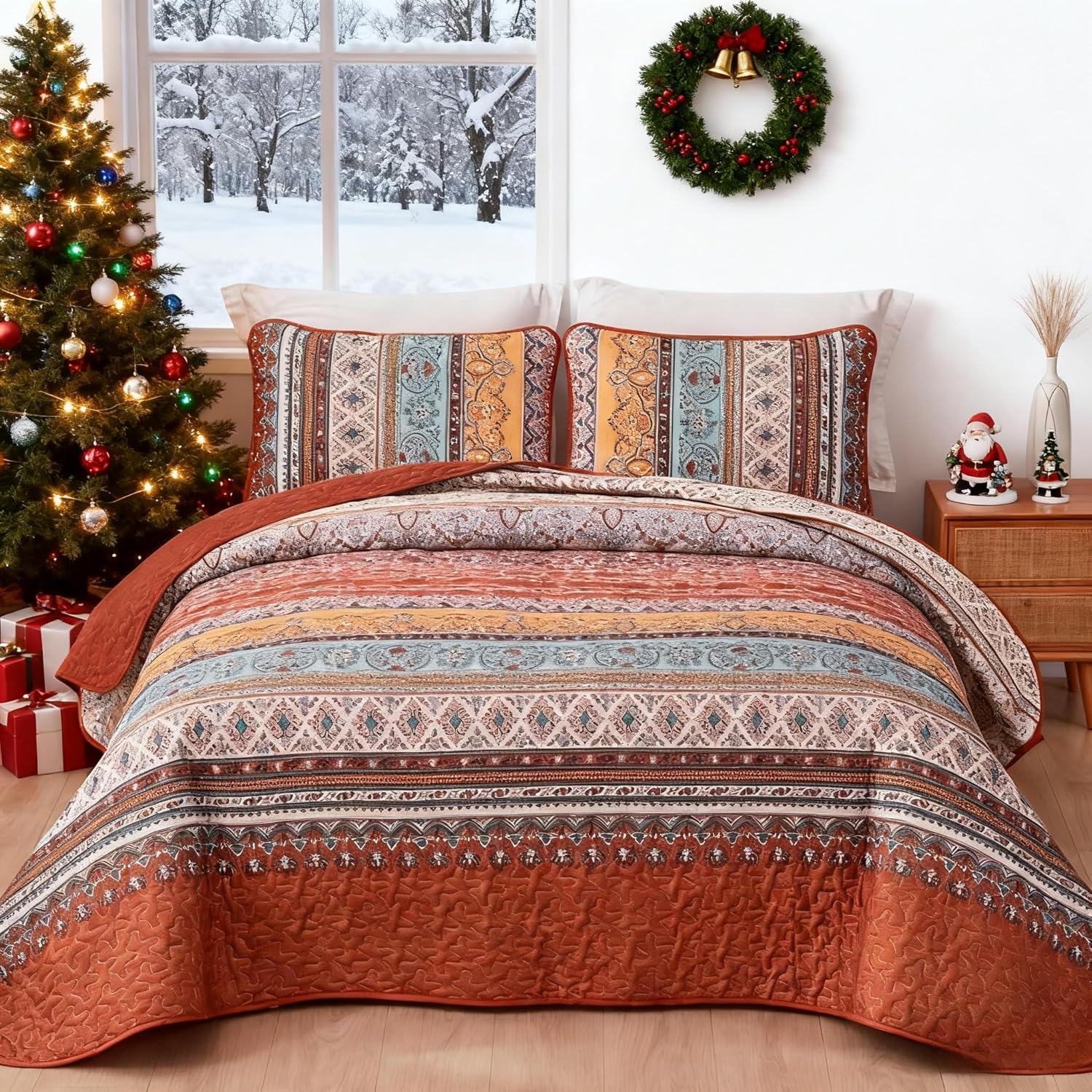 WONGS BEDDING Bohemian Quilt Set King Size, Boho Striped Printed Bedding Bedspread Coverlet Set for All Season, Lightweight Microfiber Quilts with 2 Pillowcases 104"x90" (3 Pieces, Colorful) - Image 28
