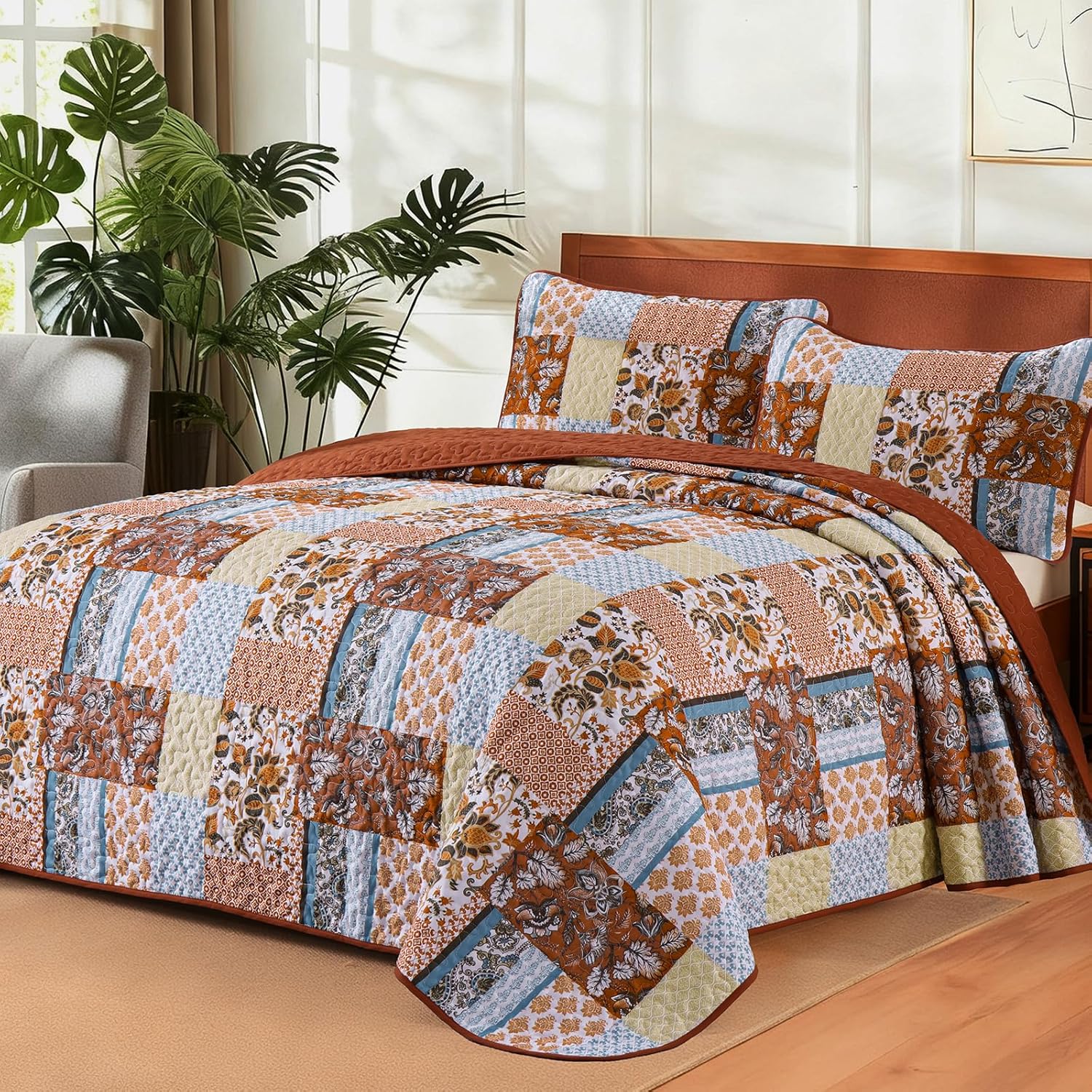 WONGS BEDDING Green Quilt Set King Size,Green Patchwork Plaid Printed Bedspread Coverlet Set,3 Pieces Summer Soft Microfiber Boho Bedding Set with 1 Quilt 2 Pillowcases - Image 9