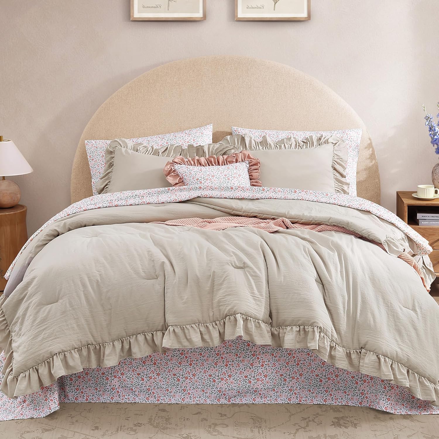 King Comforter Set - 7 Pieces Ruffle Sage Green Bedding Sets, Shabby Chic Farmhouse Bed in a Bag King with Ruffle Comforter, Floral Sheets, Pillowcases & Shams - Image 11