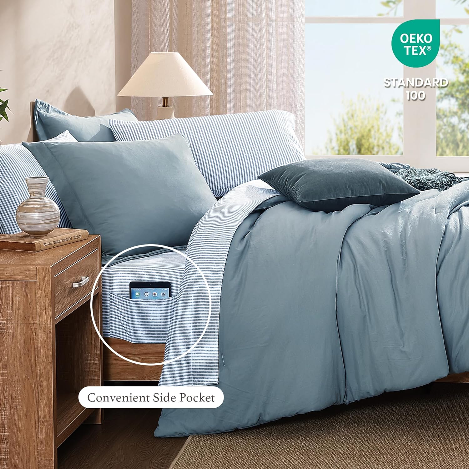 Monbix Queen Comforter Set - 7 Pieces Dusty Blue Prewashed Bed in a Bag Queen Bedding Sets with Comforters, All Seasons Ultra Soft Comforter Bed Set with Sheets,Pillowcases & Shams - Image 5