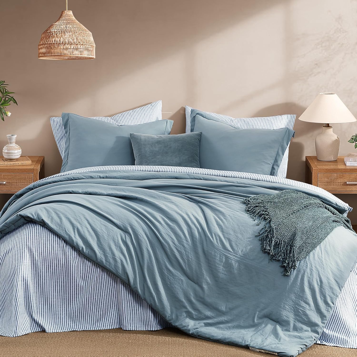 Monbix Queen Comforter Set - 7 Pieces Dusty Blue Prewashed Bed in a Bag Queen Bedding Sets with Comforters, All Seasons Ultra Soft Comforter Bed Set with Sheets,Pillowcases & Shams - Image 2