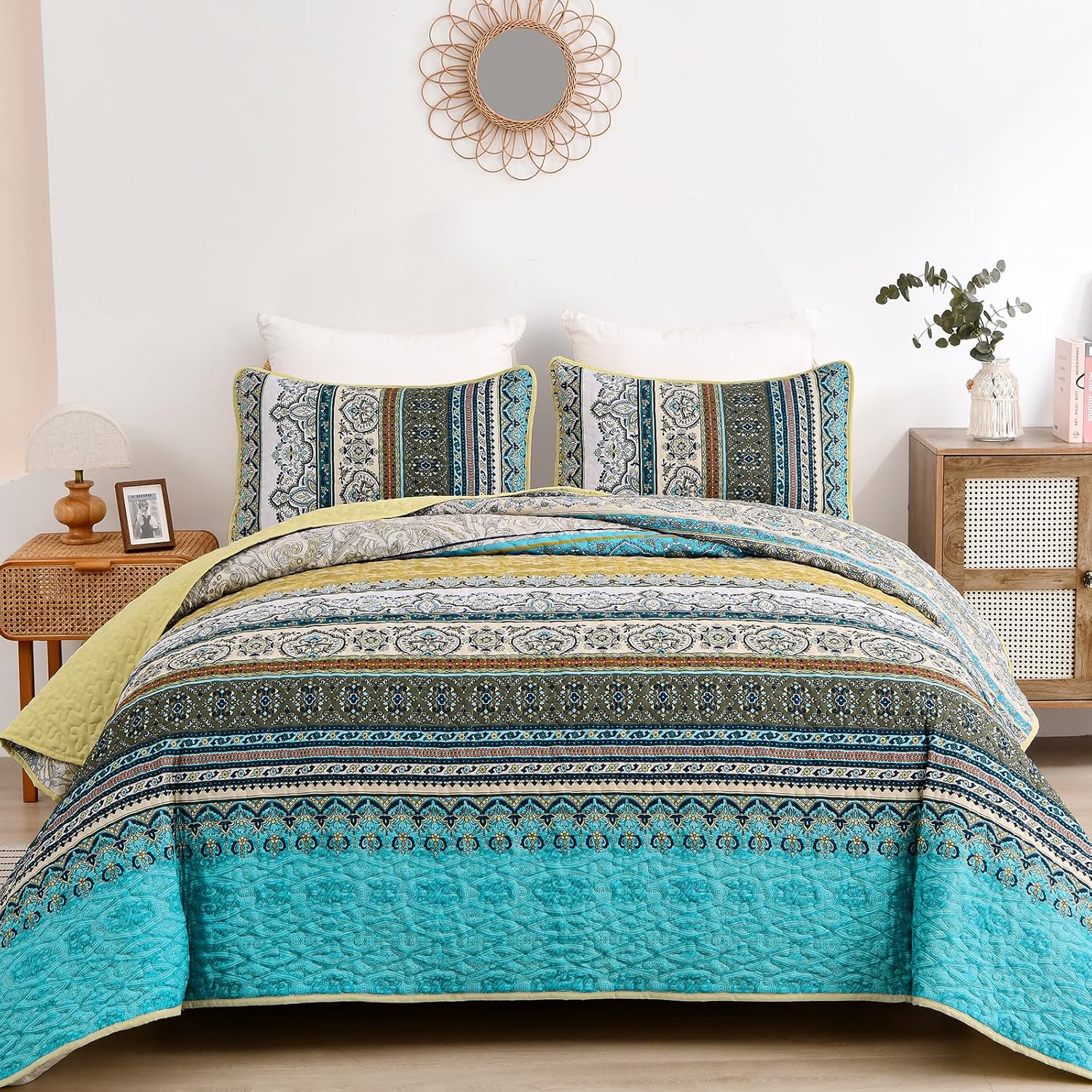 WONGS BEDDING Bohemian Quilt Set King Size, Boho Striped Printed Bedding Bedspread Coverlet Set for All Season, Lightweight Microfiber Quilts with 2 Pillowcases 104"x90" (3 Pieces, Colorful) - Image 34