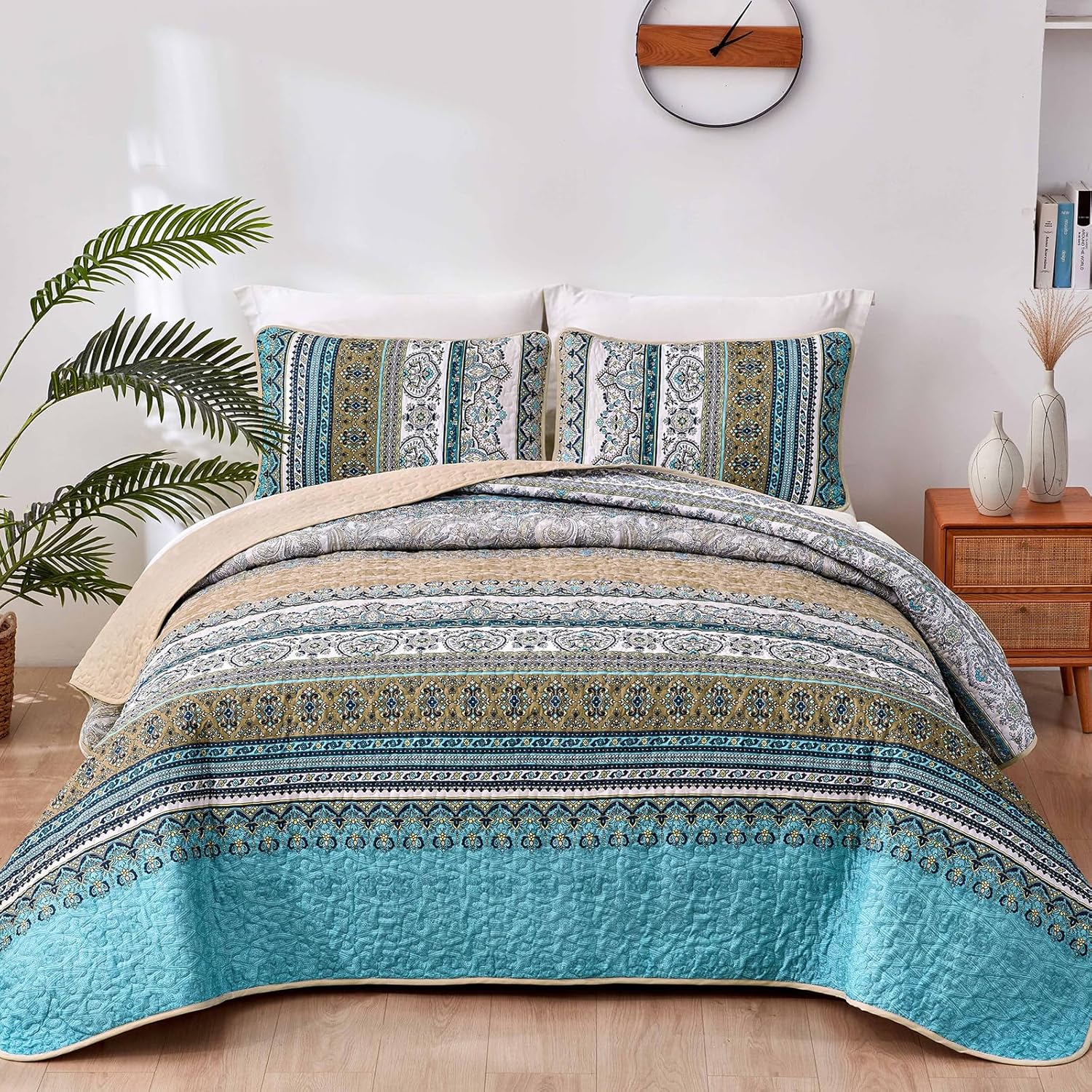 WONGS BEDDING Bohemian Quilt Set King Size, Boho Striped Printed Bedding Bedspread Coverlet Set for All Season, Lightweight Microfiber Quilts with 2 Pillowcases 104"x90" (3 Pieces, Colorful) - Image 21