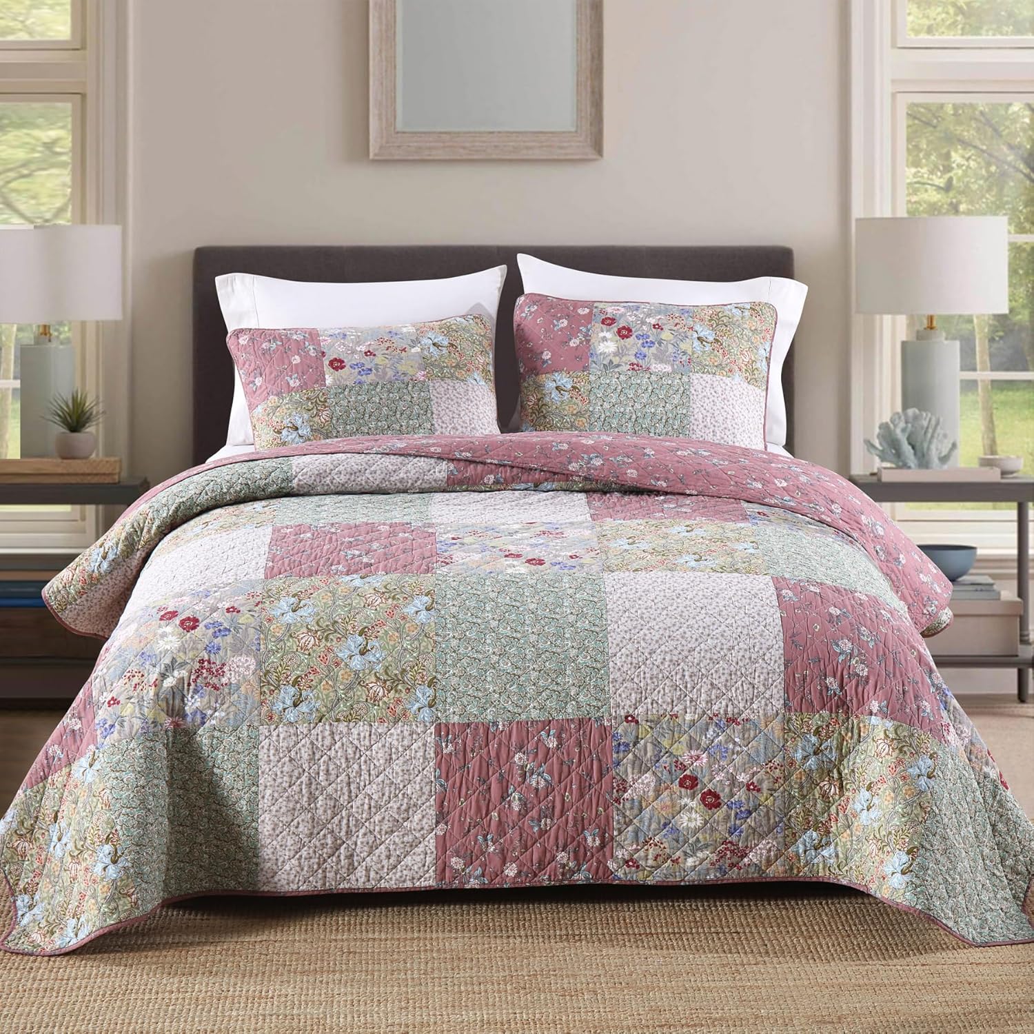 Secgo Queen Comforter Set for Bed - 100% Cotton Quilts Queen Size, Green, Sage Bedspreads (90 * 98 Inch) with 2 Pillow Shams, Patchwork Reversible Lightweight Bedding - Image 31