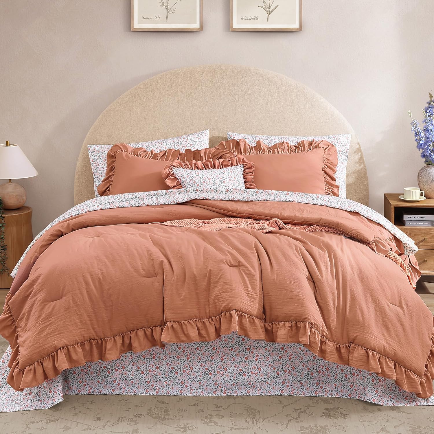 King Comforter Set - 7 Pieces Ruffle Sage Green Bedding Sets, Shabby Chic Farmhouse Bed in a Bag King with Ruffle Comforter, Floral Sheets, Pillowcases & Shams - Image 8