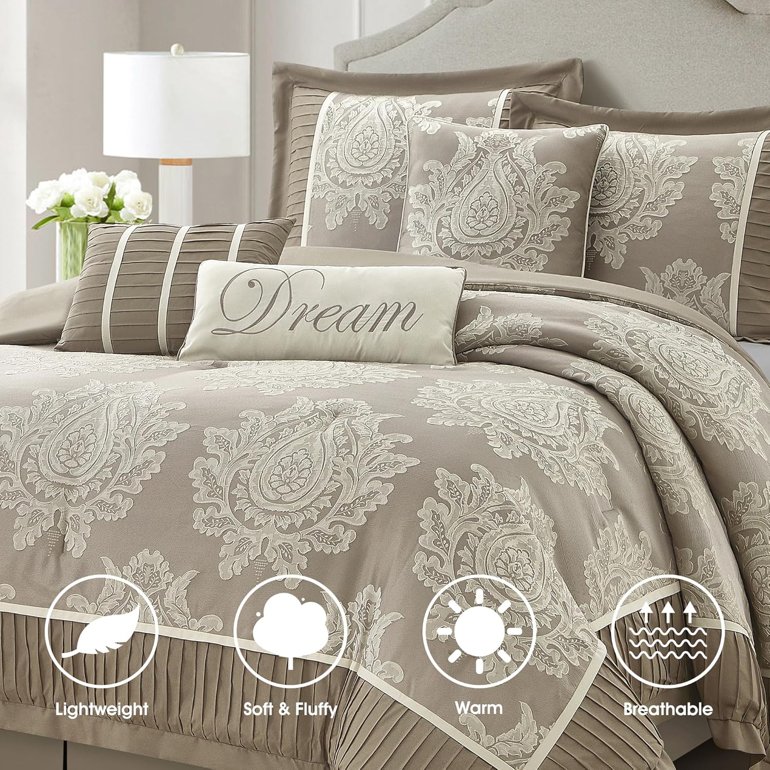 Beige California King Comforter Set 7 Pieces, Jacquard Woven with Damask, Bedding Set in a Bag Includes Comforter, Bed Skirt, Pillow Shams, and Decorative Pillows - Image 2
