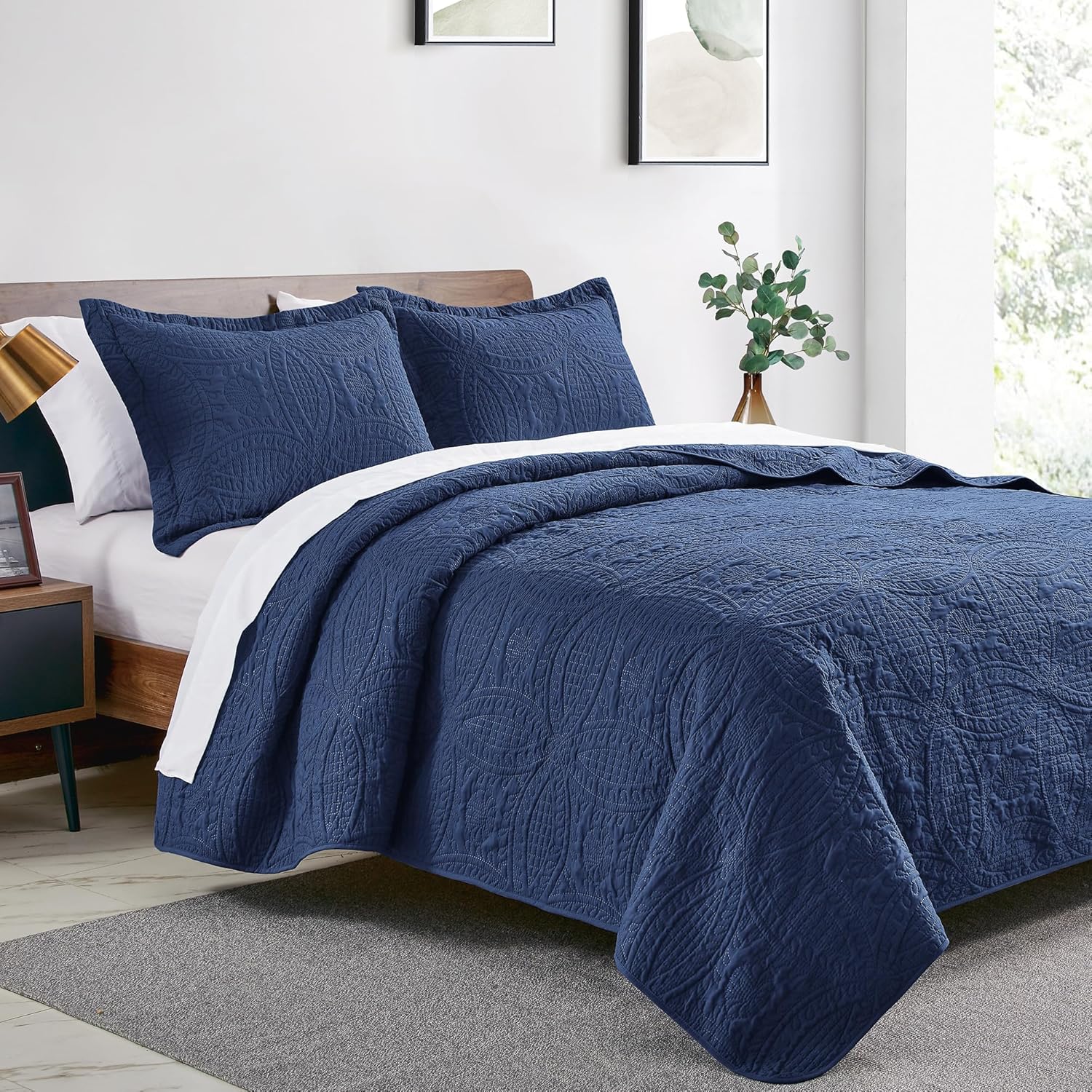 Love's cabin King Size Quilt Set Navy Blue Bedspreads - Soft Bed Summer Lightweight Bedspread Comforter - Modern Style Coin Pattern Coverlet for All Season - 3 Pieces (1 Quilt, 2 Pillow Shams) - Image 2