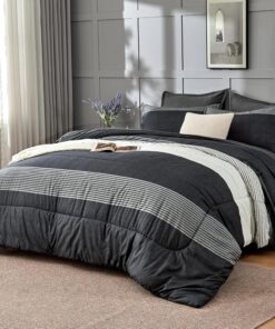 Andency Queen Comforter Set 7 Pieces Bed in a Bag - Black White Grey Striped Lightweight Soft Microfiber All Season Queen Size Bedding Set with Comforter, Fitted & Flat Sheet, Pillowcases & Shams